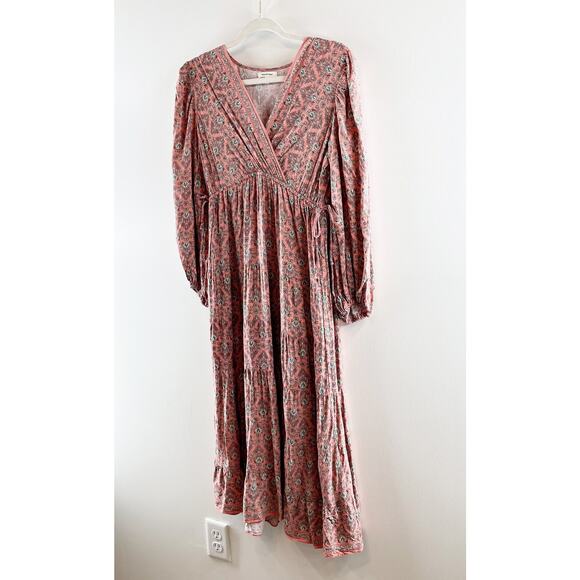 Max Studio Long Sleeve V Neck Printed Midi Dress Maroon Red Small - Picture 7 of 11